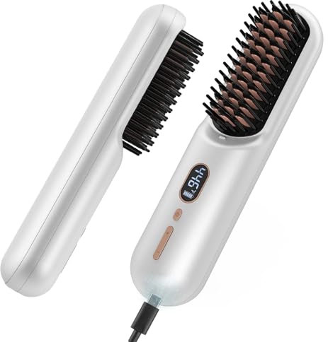 Kabellose Haarglättungsbürste, iTayga verbesserte tragbare Haarglättungsbürste für Frauen mit Reisegröße, 2-in-1 Negativ-Ionen-Haarglättungskamm, 10.000 mAh(nahezuz) wiederaufladbarer USB-Weiß