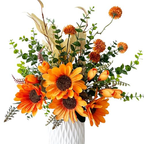 ROLLWAY Künstliche Sonnenblumen Deko, Kunstblumen Herbst Blumenstrauß Künstlich Blumen Herbst Deko Herbststrauß Herbstblumen kunstblumenstrauss Seidenblumen für Tischdeko Hochzeit Wohnzimmer