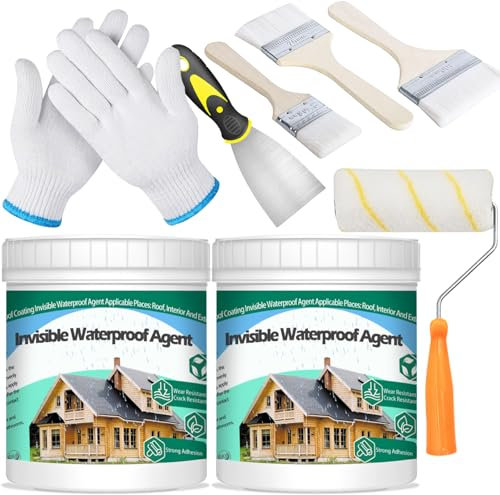 QUKLOGEN 2Kg 70.5Fl.oz Impermeable Invisible Pintura Impermeable Interior y Exterior Juego de Sellador Líquido Transparente con Cepillos de Madera,Rascador,Rodillo de Pintura,Guantes de Trabajo ﻿