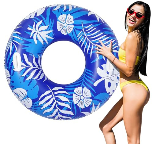 MoKo Anello da Nuoto con Maniglie per Adulti, Galleggiante Gonfiabile per Piscina, Grande Galleggiante per Piscina con Stampa di Divertimento, Giocattoli d'Acqua per Adulti, Piscina, Blu-Bianco