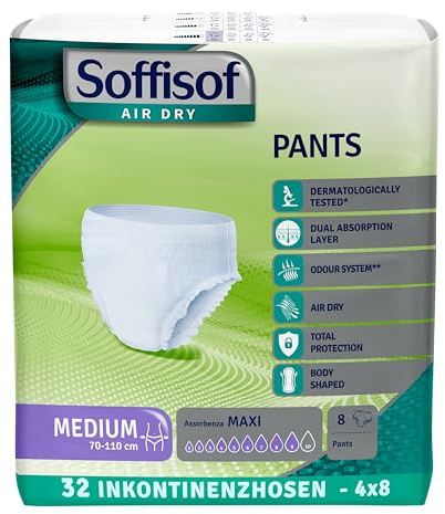Soffisof Air Dry Pants Maxi M - 32x Pannoloni per Anziani a Mutandina - 4 Confezioni da 8 Pannoloni Notte Super Assorbenti Donna e Uomo - Pants Adulti 9 Gocce - Medium (70-110 cm)