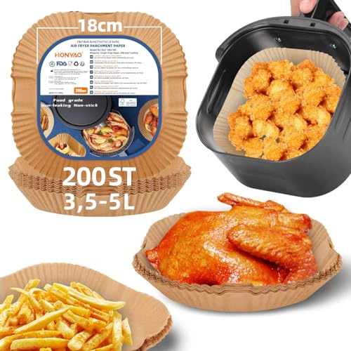 HONYAO Airfryer Bakplåtspapper, 18x18cm non-stick-engångsbruk Papper Liner för Luftsfritös 3,5–5 L, 200 stycken Fyrkant Pergamentpapper Bakpapper Tillbehör för COSORI,Philips,Cecotec Air Fryer