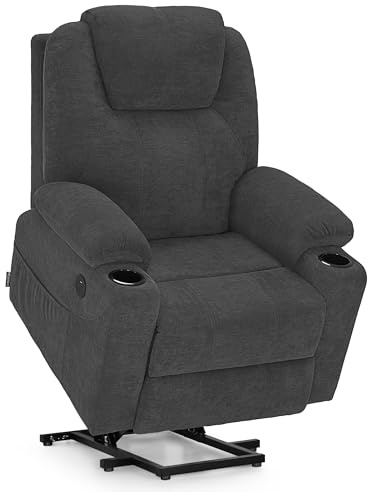 M MCombo Fauteuil Relax avec Aide à la levée électrique, Fauteuil Relax avec Fonction Inclinaison jusqu'à 140°, Massage et Chauffage, avec Port USB, 7040 (Gris-Chenille)