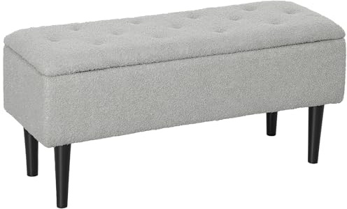 HOMCOM Puff Almacenaje, Banco Almacenaje Plegable, Capacidad de 57 L, 95x38x45 cm, Tapizado en Borreguito, Pie de Cama con Tapa Abatible y Patas de Madera, para Salón, Dormitorio, Entrada, Gris
