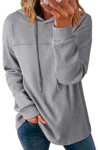 Chicrise Jersey Mujer Otoño Oversize Sudaderas con Capucha Manga Larga Elegante Ligera Sudadera Waffle Versátil Gris Medio 38-40 M