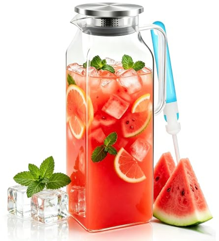 Glaskaraff 2 liter, vattenkaraff med lock, glaskaraff för kylskåpsdörr, vattenkanna kvadratisk med koppenställe för kallt varmt vatten vin juice te mjölk DIY-drycker (slät yta)