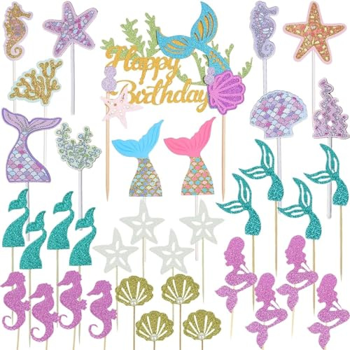 Wootkey 36 pcs Glitter Mermaid Cupcake Toppers Mermaid Cake Topper Under the Sea Beach Mermaids Tail Cake Decoration Birthday Party Supplies