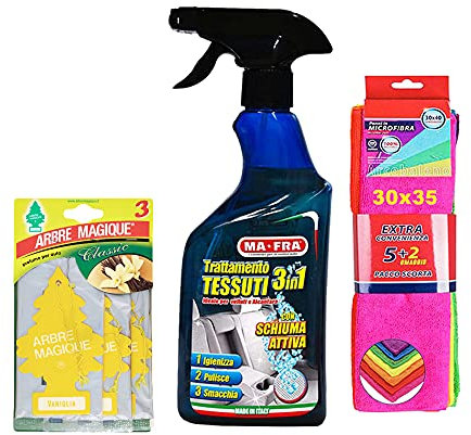 Ma-FRA Spray nettoyant spécial Tissus avec Mousse Active, 500 ML Plus Deux Chiffons Microfibre Idéal pour Le Nettoyage de Toutes Les Surfaces de la Voiture et Trois parfums Auto
