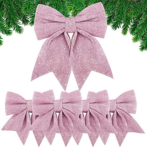 5PCS Noeud de Ruban de Noël 24cm Grande Taille Arcs de Noël Ruban Nœuds Papillons Ornements Decoration de Noël pour Arbres de Noël Emballages Cadeaux Sapin de Noël Guirlande Voiture Mariage (Rose Or)