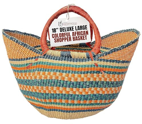 Africa Heartwood Project - Deluxe Large Colorful African Shopping Basket with Leather Handle - Classic Heartwood Bolga Market Basket from Women in Bolgatanga, Ghana - 18 U-shape Flat-packed