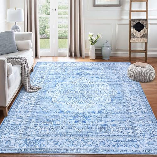 LuxFocus Teppich Vintage Blau-Weiß Teppich rutschfest Waschbarer Verwischt Design Teppiche für Schlafzimmer Wohnzimmer Bodenmatte Kurzflor Bordüre Ornamental, Blau 120x170 cm
