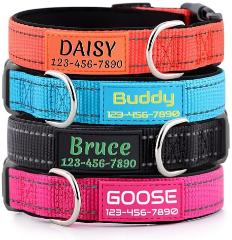 Personalized Dog Collars Custom with Pet Name and Phone Number, Soft Neoprene Padded Reflective Nylon Collar, 4 Adjustable Sizes - for Boy, Girl Dogs