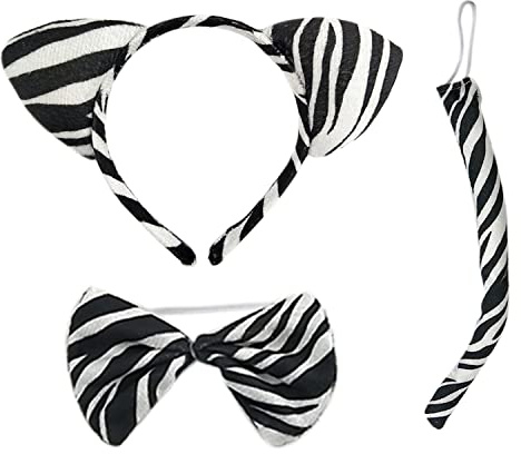 LSYYSL 3 st zebramadräkt set, örhängen pannband, rosett, svanstillbehör, zebra djur rollspel, lämplig för barn vuxen halloween karneval fest utklädning
