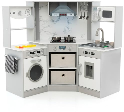 GOPLUS Cuisine d'angle pour Enfant, Cuisine en Bois avec Lumières et Sons Réalistes, Machine à Laver, Accessoires et Rangement, Jouet de Cuisine Imaginative de Petits Chefs pour 3+ Ans (Gris)