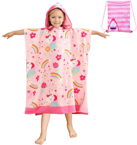 FILOWA Poncho de Bain Filles Enfants Microfibre Serviette de Bain à Capuche Plage Cape de Bain 75 * 180cm Grande Serviette Poncho Rose Licorne Serviette de Plage Absorbante Peignoir pour 6-15 Ans
