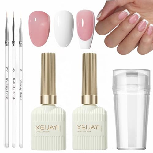French Manicure Kit - Jelly Pink and White Gel Nail Polish Set - French Manicure Nail Polish with Nail Stamper and 3Pcs Nail Art Pen - Long Last Soak Off UV for French Tips Home DIY Nail Women Salon