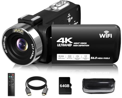 Video Camera, 4K Camcorder 56MP Digital Video Recorder 18X Zoom 3 270° Rotation Touchscreen IR Night Vision, Wifi Vlogging Camera for YouTube 64GB Card Anti-Shake Remote Control Camera Bag Lens Cap