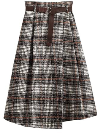 Gonna lunga da donna, elegante, invernale, a quadri, calda, in lana, a vita alta, a carreaux, per l'autunno, con vita elastica, midi, vintage, a linea A, a pieghe, plissettata, tartan, a campana, O