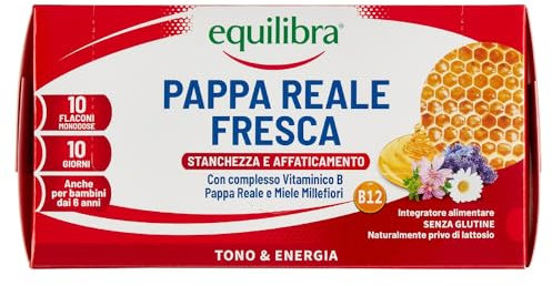Equilibra Integratori Alimentari, Pappa Reale Fresca, Integratore con Vitamine del Gruppo B, Arricchito con Miele Millefiori, Adatto Anche ai Bambini Sopra i 6 Anni, 10 Flaconcini Pronti da Bere