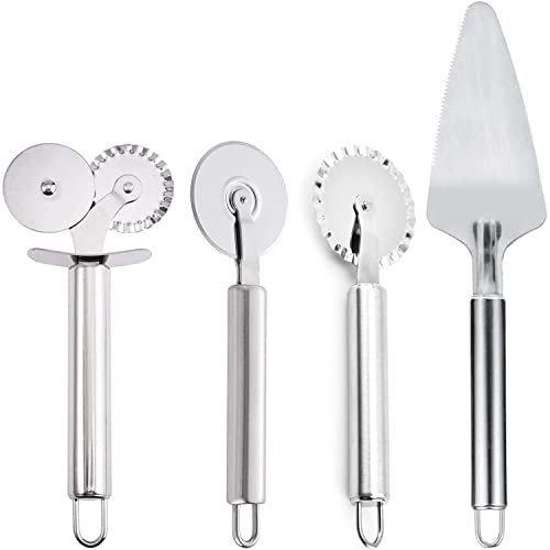 4 Pcs Cortador de Pizza, 3 Pcs Corta Pizza Cortapizzas con Rueda y 1 Espátula de Pizza, Acero Inoxidable Cortapizzas para Hornear Pizza Casera,Pastel,Gofre Fiesta