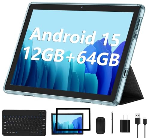 ECOPAD Android 15 Tablet, 10 Inch Tablets with Keyboard Mouse 12GB RAM + 64GB ROM +1TB Expand, 2 in 1 Tableta with WiFi 6 / Bluetooth/GMS Certified/IPS Touch Screen, Blue Set