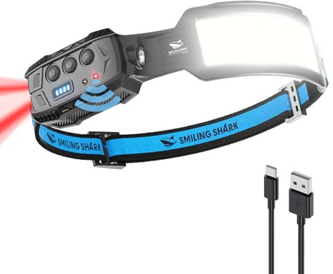 Smiling Shark Stirnlampe, Headlamp 7*Weiße Licht 270° Beleuchtung Breite Mit Bewegungsmelder Super Helles Rotes Rucklicht Für Camping Angeln Reparieren, Stirnlampe-Kopflampe-LED-Wiederaufladbar