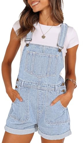 Pink Queen Denim Bib Short Overalls Casual Loose Adjustable Straps Cuffed Hem High Waisted Shorts Jean Rompers for Women Streetwear Outfits Light Blue 2XL