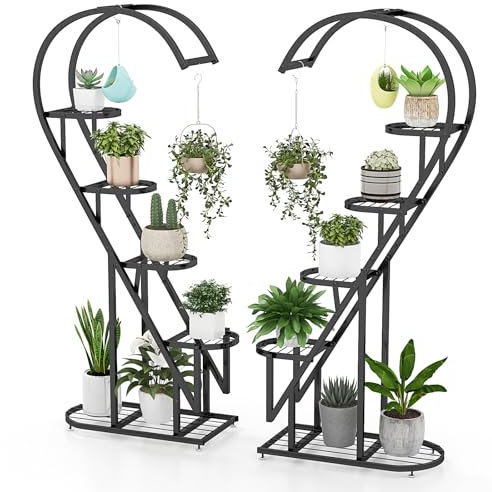 HOMASIS 5 Etagen Metall Pflanzenständer herzförmig, mehrstöckig Blumenständer mit Haken, Blumentopfständer für Innen Außen, Pflanzenregal Blumenregal für Wohnzimmer Garten Balkon Terrasse (Schwarz)