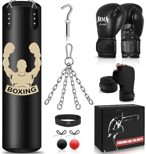 NZQXJXZ Boxsack Hängend für Erwachsene, 120cm Schwerer Boxsack, Boxtraining Ausrüstung mit Ungefüllten Boxing Bag, Reflex Ball, Boxhandschuhe, Boxbandagen, Boxset für MMA Karate Kickboxen Muay Thai
