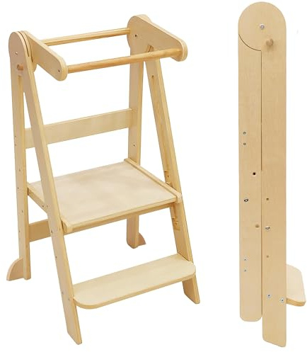 Foldable Toddler Tower 95% Preassembled Kitchen Stool Helper Folding Step Stool for Kids with 3 Adjustable Height Montessori Toddler Standing Tower for Kitchen Counter Sink Natural