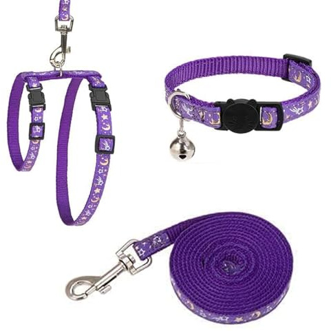 One Piece Glow in The Dark Cat Harness Leash Outdoor Walking Cat Harness Lead Set Adjustable for Kitty Outdoor Walking (Purple) (Purple)