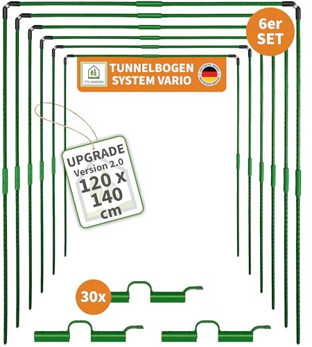 TTL GARDEN Vario 120 - Set di 6 fogli a tunnel in lamina, 120 x 140 cm (larghezza x altezza 140 cm, per copertura aiuole, 4 misure possibili, in acciaio inox rivestito in plastica + 30 clip di