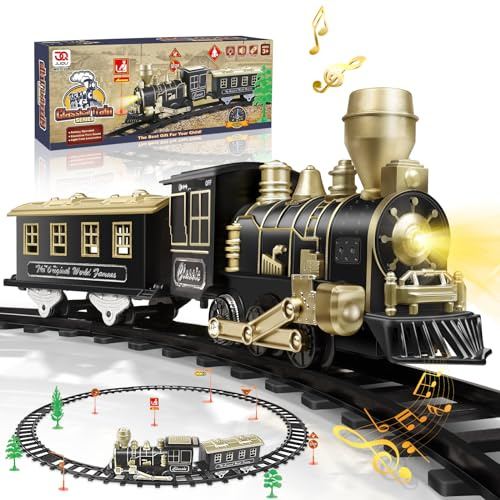 Electric Train Set, Ages 4-8 – Christmas Train with Locomotive, Passenger Car, 6 Curves, LED Light & Sound – Indoor Toy for Kids, for Holiday Village or Train Table