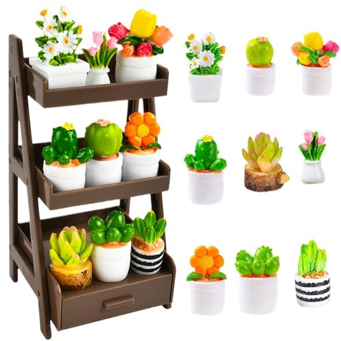 DIELOVEHUA 10 Pièces Plantes Artificielles Miniatures, Jardin de Maison de Poupée Miniature, avec Support pour Plantes Marron, Mini Décoration de Jardin, pour Maison de Poupée, Jardin