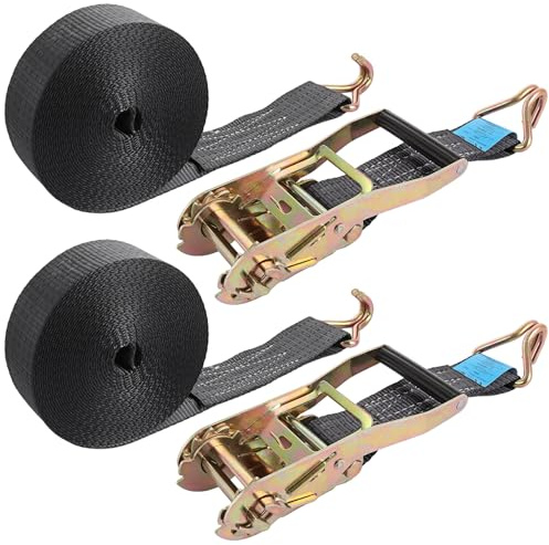 YOUNTHYE 2 Set Ratchet Straps Heavy Duty, 5cmx10m Ratchet Tie Down Straps with Metal J Hooks, 5000kg Break Strength, Adjustable Ratchet Tie Down Straps for Luggage, Trucks, Cars, Motorcycles (Black)