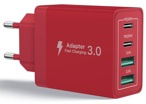 USB C Ladegerät, 4-Port USB C Charger mit Intelligent QC USB-A und USB-C Power Adapter, 40W Schnellladegerät Mehrfach USB Netzteil für iPhone, Samsung und andere Geräte Schnellladen Ladestecker (Rot)