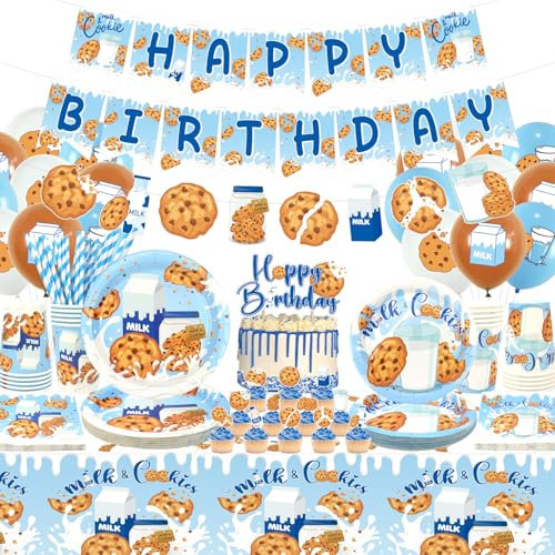Decoraciones de fiesta de cumpleaños de leche y galletas, suministros de fiesta de leche de galletas, platos, tazas, servilletas, mantel, pancarta de feliz cumpleaños, decoración de pastel de globos