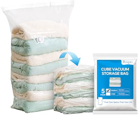 Roqao Würfel Vakuumbeutel für Kleidung, 5er Pack (70x50x30 cm) Vakuumbeutel für Bettdecken, Decken, Bettwäsche, Staubsauger-kompatibel mit Platzersparnis Vakuum Kleiderbeutel