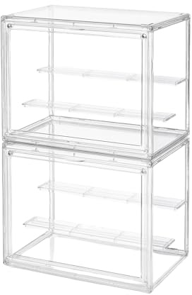 2 Pack: 3-Tier pop Figure Display case for Collectibles - Magnetic Closure, Interlocking Shelves for Vinyl Figures, Bobbleheads - Space-Saving Set (M 10.6''x7.6''x17.3'' )