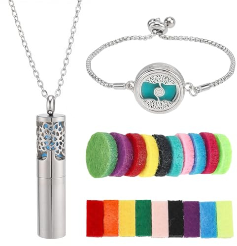 SUNNYCLUE 1 st eterisk olja diffusor halsband 1 st livets träd eterisk olja armband med totalt 20 st påfyllningsdynor livets träd rostfritt stål kedjor justerbara aromaterapi smycken för kvinnor gåvor