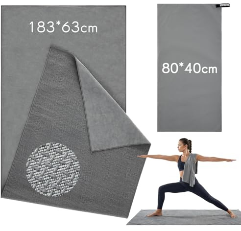 Suilung 2 Pezzi Asciugamano da Yoga con Impugnatura Antiscivolo 183 x 63 cm Asciugamani in Microfibra Asciugatura Rapida 80 x 40 cm con Borsa in Rete Grigio per Hot Yoga Sport Pilates