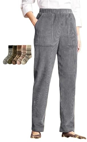Pantaloni comodi in velluto a coste elasticizzato per anziani, casual, elastici, a vita alta, vestibilità ampia, comodi, pantaloni autunnali con tasche, grigio, XL