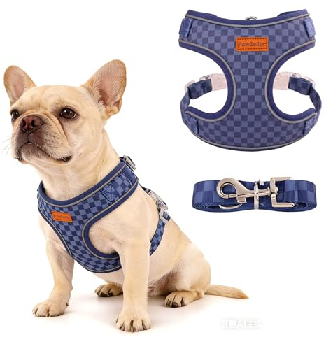 PawSailor Pettorina per Cani Piccoli con Guinzaglio Anti-Tiro Pettorina Cuccioli Mesh Regolabile Gilet Cane Imbottito Motivo a Scacchi Riflettente Imbracatura per Cani e Gatti, Blu Marina S