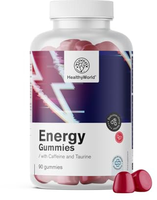 HealthyWorld Energy – Energy - Gominolas para aumentar la energía - 90 gominolas - Veganas - Sin gluten ni alérgenos - Cafeína, taurina, guaraná, ginseng y vitaminas del grupo B - Sabor a cereza