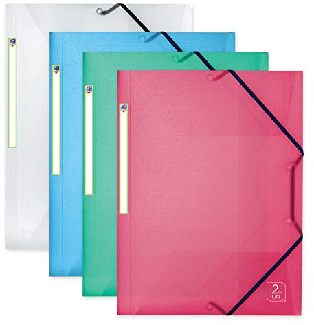 OXFORD 2nd Life 4 Chemise Plastiques 3 Rabats Plastique avec élastique Format A4 Couleurs Assorties Translucides