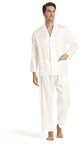 LilySilk Ensemble pyjama pour homme en soie de 16 Momme Emballage MEHRWEG - Blanc - Medium