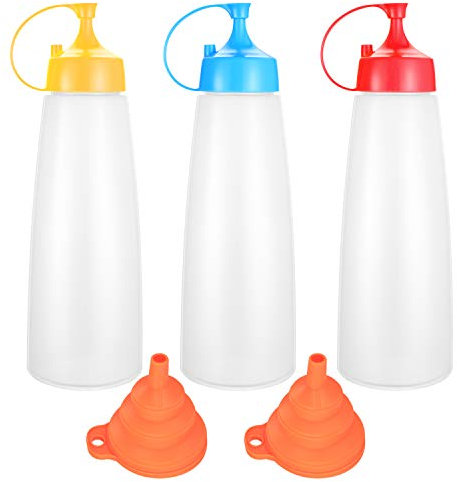 Quetschflaschen mit Kappen, BPA-frei, auslaufsicher, wiederverwendbare Quetschbehälter mit 2 Silikon-Trichtern für Olivenöl, Tomatensauce, Salat, Dressing, Gewürze (550 ml), 3 Stück