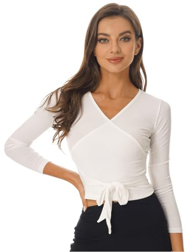 Kaerm Chaqueta envolvente de ballet para mujer, de manga larga, para gimnasia, danza, danza, chaqueta de manga larga, cruzada, tallas S - XXL, beige, M