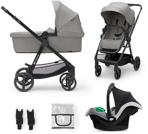 Kinderkraft NEWLY 3 en 1 Poussette, Avec Siège Auto MINK PRO I-Size 2 en 1 360 degrés, Poussette Canne, Trio, SYSTÈME DE VOYAGE, Landau Bébé, Accessoires, Adaptateurs, Nacelle, Jusqu’à 22 kg, Gris