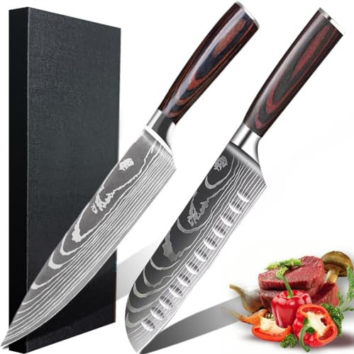 JOHOOBO 2 Stücke Kochmesser Set, Küchenmesser,Santoku Messer, Profi Scharfe Deutschem Edelstahl Küchenmesser mit Ergonomischem Pakkawood Griffen